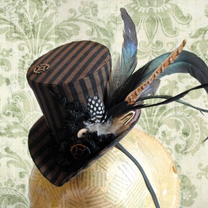 Steampunk Striped Mini Top Hat,Black & Brown Fascinator Hat,Victorian Mini Hat with Feathers,Steampunk Bridal Hat-Custom-Made to Order