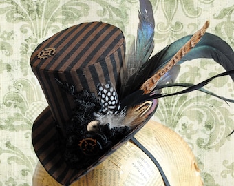 Steampunk Striped Mini Top Hat,Black & Brown Fascinator Hat,Victorian Mini Hat with Feathers,Steampunk Bridal Hat-Custom-Made to Order