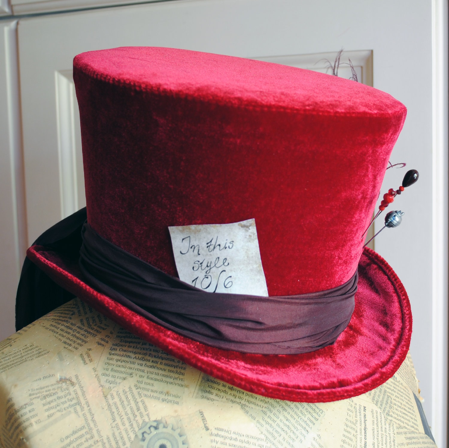 Black and Red Leather Top Hat - The Red Mad Hatter- 22.5” Red Mad Hatter Hat - Etsy main image 3
