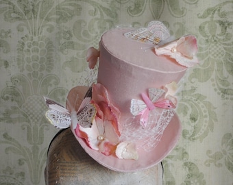 Pink Mini Top Hat with Flowers and Butterflies, Spring Wedding -Ready to Ship