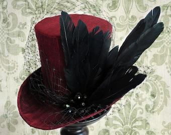 Burgundy Mini Top Hat with Raven Wings,Gothic Mini Top Hat with Veil,Victorian Mini Hat,Edgar Allan Poe,Halloween Costume Hat-Made to Order