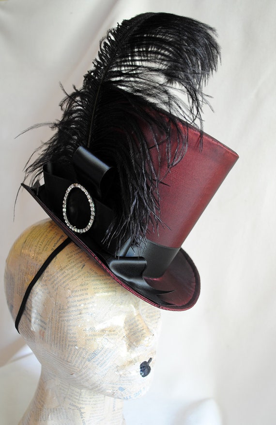 BizarreNoir Victorian Ladies Top Hat,Gothic Burgundy Top Hat for WOMEN,Black,Blue,Burlesque Top Hat with Ostrich Feathers,Mini Top Hats-Made to Order
