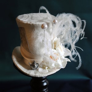 Bridal Mad Hatter Fascinator Mini Hat,Alice in Wonderland Mini Top Hat,Ivory Victorian Tea-Party Mini Hat-Custom-Made to Order