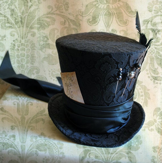 Gothic Mad Hatter Top Hat,Black Perching Ladies Top Hat with Train,Alice in Wonderland Cosplay Hat for Women,Halloween Costume-Made to Order