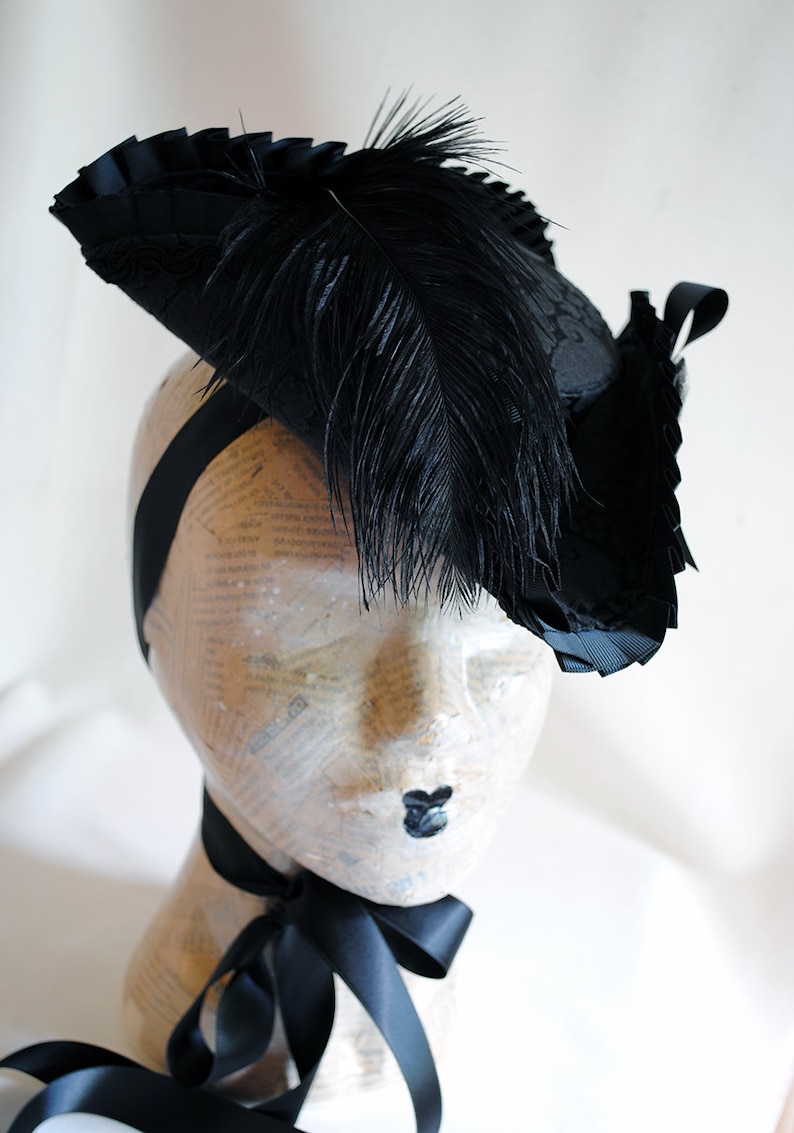 Black Mini Tricorn Hat ,Marie Antoinette Hat,Gothic Lolita Cosplay,Gothic Fascinator,Mardis Gras,Baroque,Rococo,Pirate Tricorn-Made to Order image 3