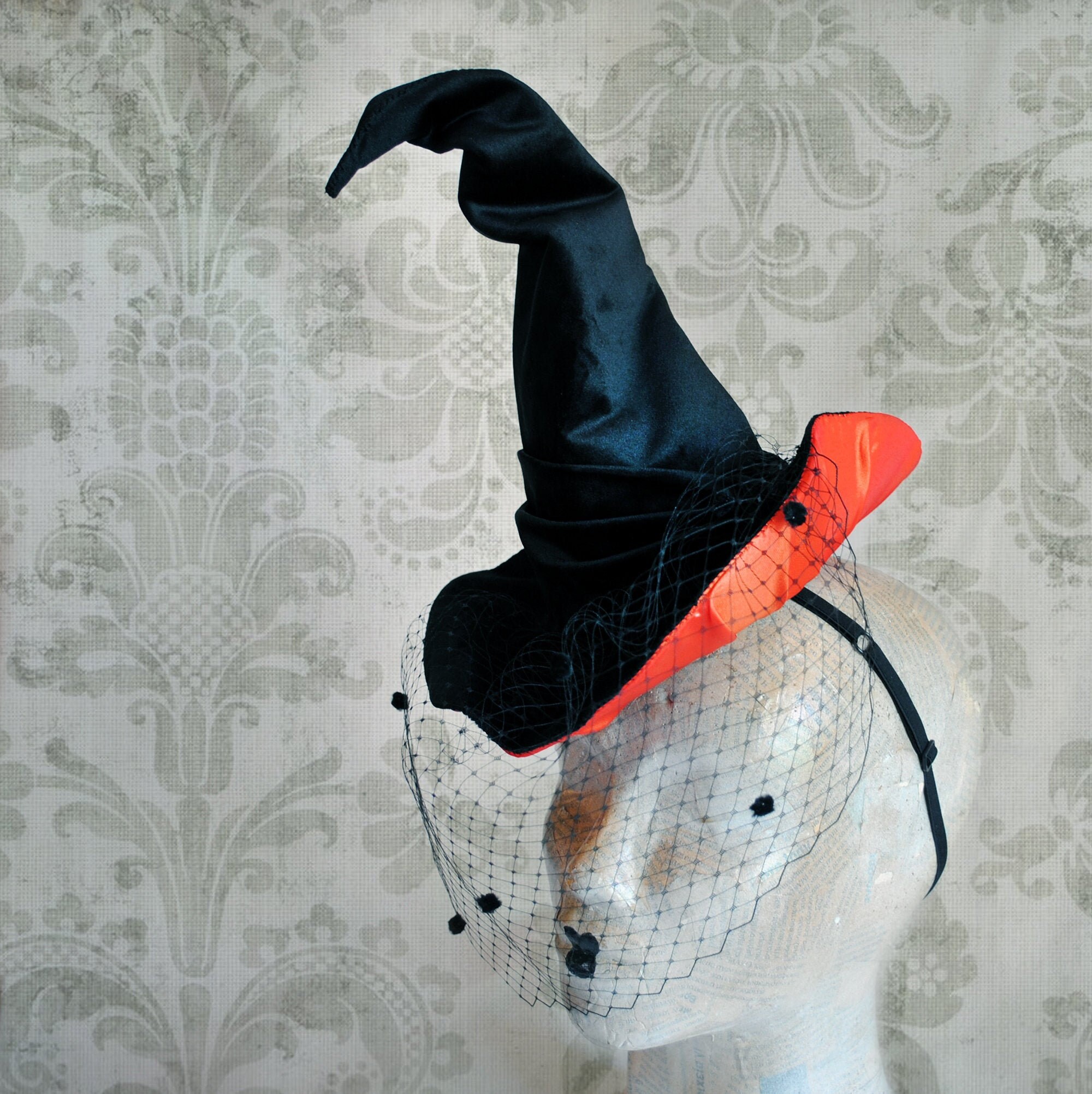 Halloween Witch Hat with Dotted Veil,Black \u0026 Orange Witch Hat,Crushed Witch Hat,Velvet Gothic Fascinator,Halloween Costume-Made to Order