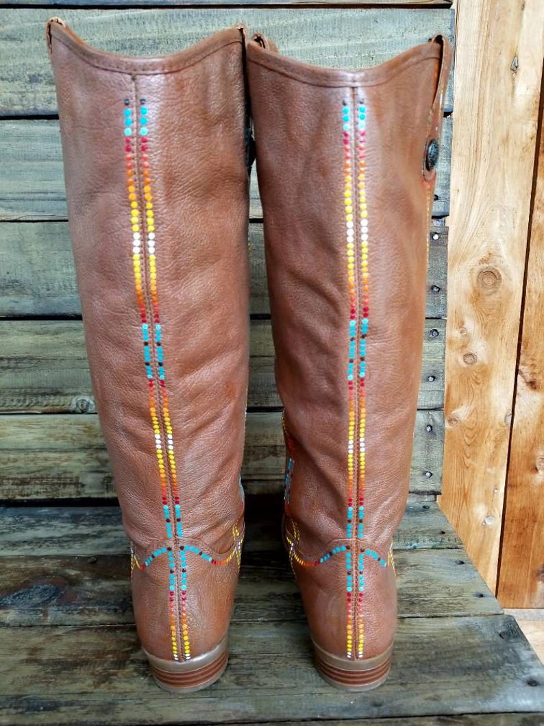 Hand Painted Genuine Leather Riding Boots Geometric Brown Turquoise Size 6 Women/'s