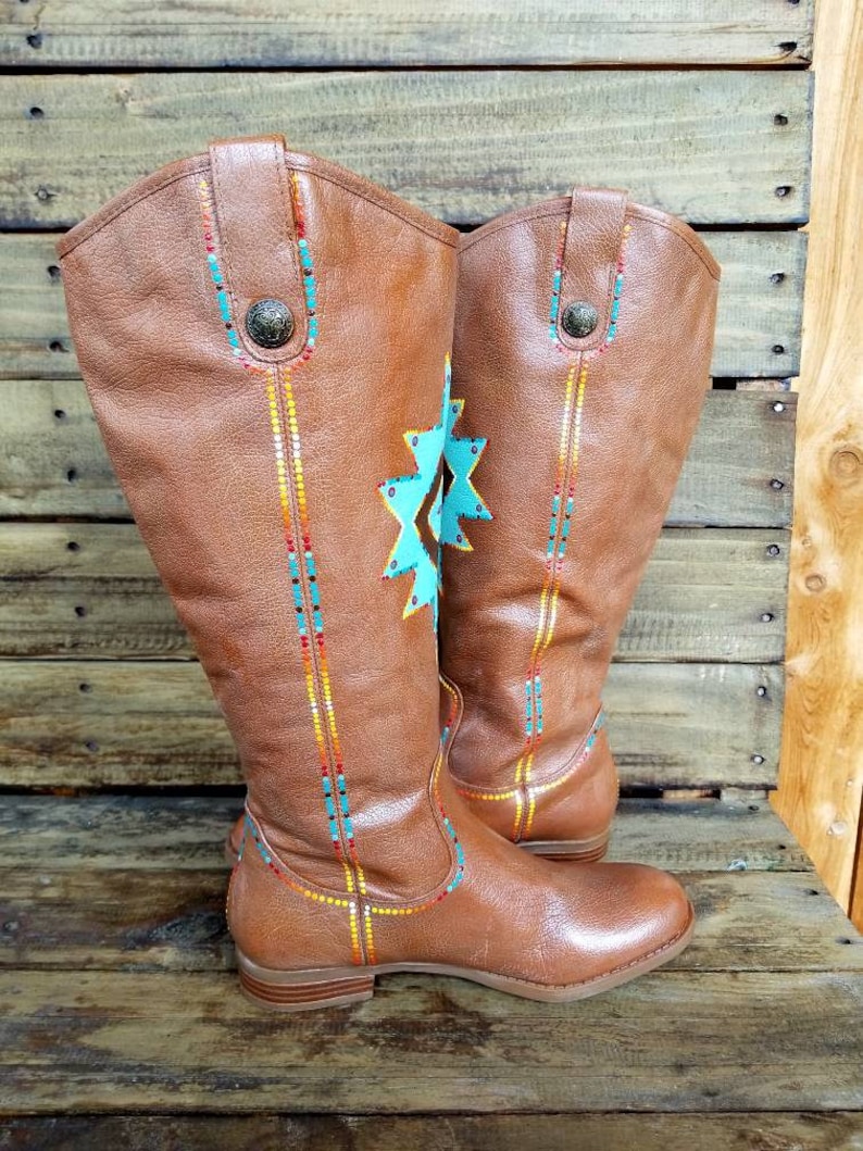 Hand Painted Genuine Leather Riding Boots Geometric Brown Turquoise Size 6 Women/'s