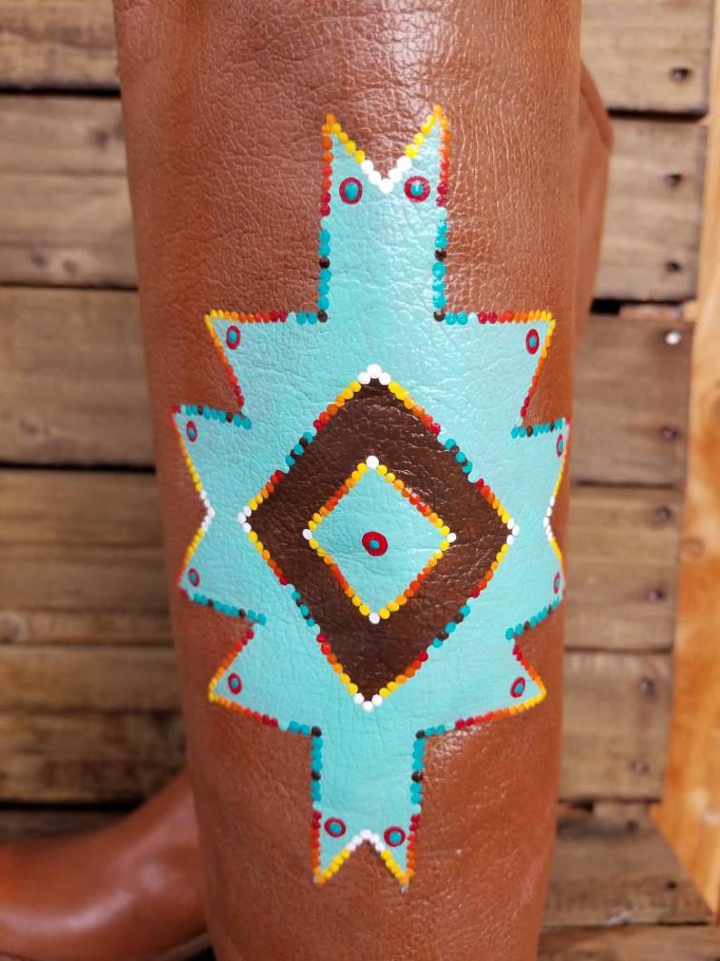 Hand Painted Genuine Leather Riding Boots Geometric Brown Turquoise Size 6 Women/'s