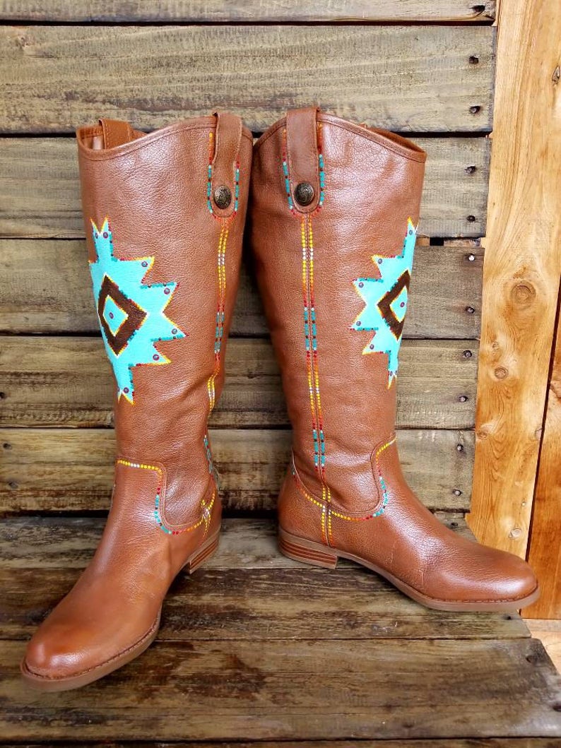 Hand Painted Genuine Leather Riding Boots Geometric Brown Turquoise Size 6 Women/'s
