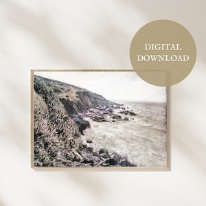 Vintage French Impressionist Coastal Artwork, Digital Download, Instant Landscape Printable, Neutral Oil Painting, Rocky Coast Wall Art