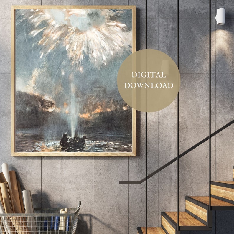 May include: A digital download of a vintage illustration depicting a large geyser erupting in a body of water. The geyser is surrounded by dark mountains and a dark sky with white clouds. A small boat with people in it is in the water below the geyser.