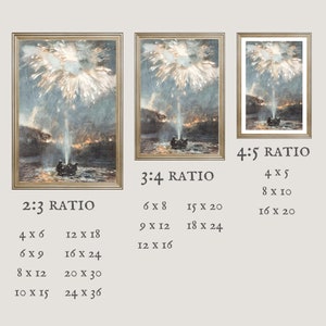 May include: A digital illustration of fireworks exploding over a body of water with a small boat in the foreground. The image is divided into three sections, each showing the same scene at different aspect ratios: 2:3, 3:4, and 4:5. The text below each section lists the different dimensions available for each ratio.