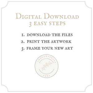 May include: A digital download guide with three easy steps: download the files, print the artwork, and frame your new art. The guide features a decorative logo with a leafy branch and the text "Thoughtfully Home".