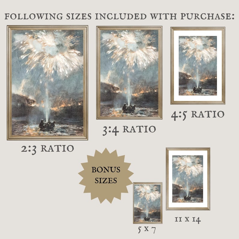 May include: A digital download of printable art featuring a vintage illustration of fireworks over a body of water. The image is available in multiple aspect ratios, including 2:3, 3:4, 4:5, 5x7, and 11x14.