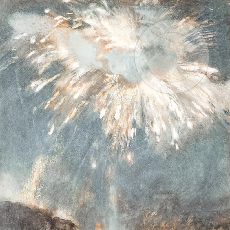 May include: A watercolour painting of a firework exploding in the night sky. The firework is white and yellow with a blue background.