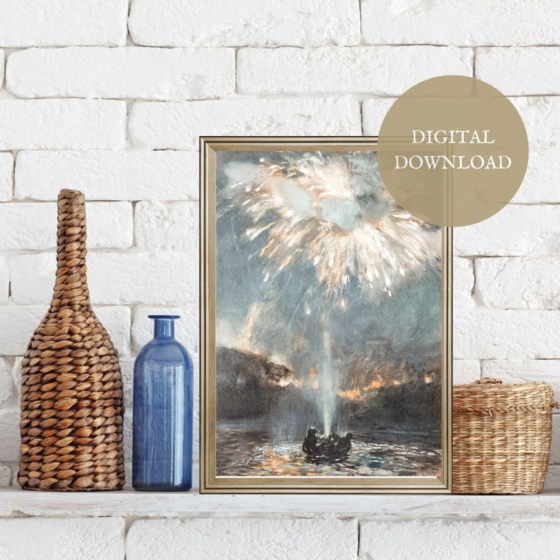 May include: A framed print of a watercolour painting depicting a fireworks display over a body of water. The fireworks are white and gold, and the water is a dark blue. The painting is in a gold frame and is hanging on a white brick wall.