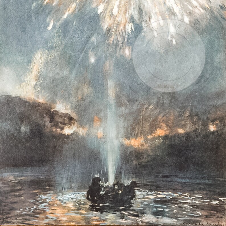 May include: A watercolour painting depicting a nighttime scene with a large, bright firework exploding over a body of water. The firework is a white, star-shaped burst against a dark blue sky. A small boat with people in it is in the foreground, and the water is reflecting the light of the firework.