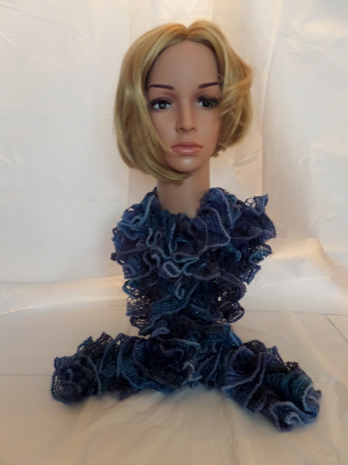 Womens Handmade Scarves Ladies Frilly Neck Scarf Multi Color Light Dark Blue Ruffle Knit New Etsy