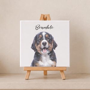 May include: A canvas print of a Bernese Mountain Dog, named Bramble, on a small wooden easel. The dog has black, brown, and white fur and is smiling. The name "Bramble" is written in cursive across the top of the canvas.