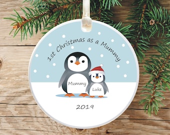 First Christmas As A Mummy Personalised Christmas Bauble -  Personalized Penguin Mum Christmas Tree Decoration - Holiday Ornament
