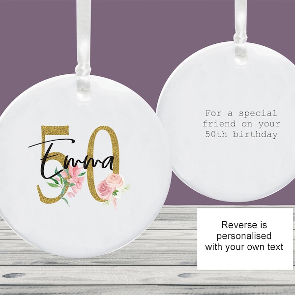 Personalised 50th Milestone Birthday Ceramic Ornament Decoration Keepsake - Gift Tag for a Niece, Daughter, Granddaughter, Sister or Friend