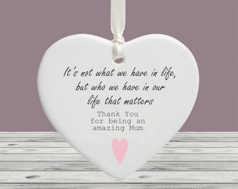 Mother's Day Keepsake Gift - Thank You For Being An Amazing Mum Ceramic Keepsake Heart, Mum Appreciation Hanging Decoration