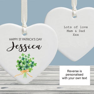 St Patrick's Day Personalised Clover Heart Ceramic Ornament Decoration Keepsake Gift, Card Alternative