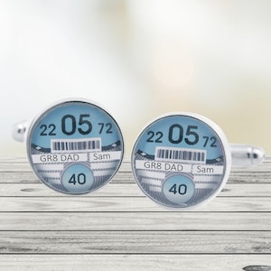 Personalised UK Car Tax Disc Cufflinks - 6 Colour Options - Wedding Party Cufflinks, Valentines, Birthday 18th. 21st, 30th, 40th, 50th, 60th