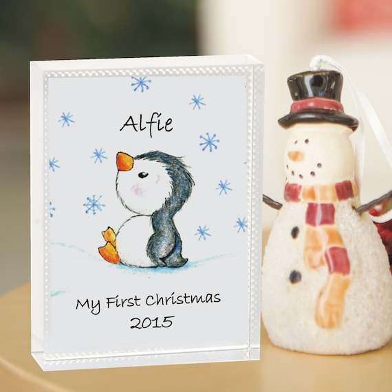 Personalised Sentimental Baby/'s First Christmas Penguin Glass Decoration Gift
