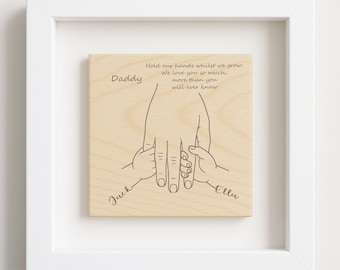 Personalised Father's Day Gift From 2 Children – Engraved Wooden Tile with Children & Dad Hand Illustration – Father's Day Framed Keepsake