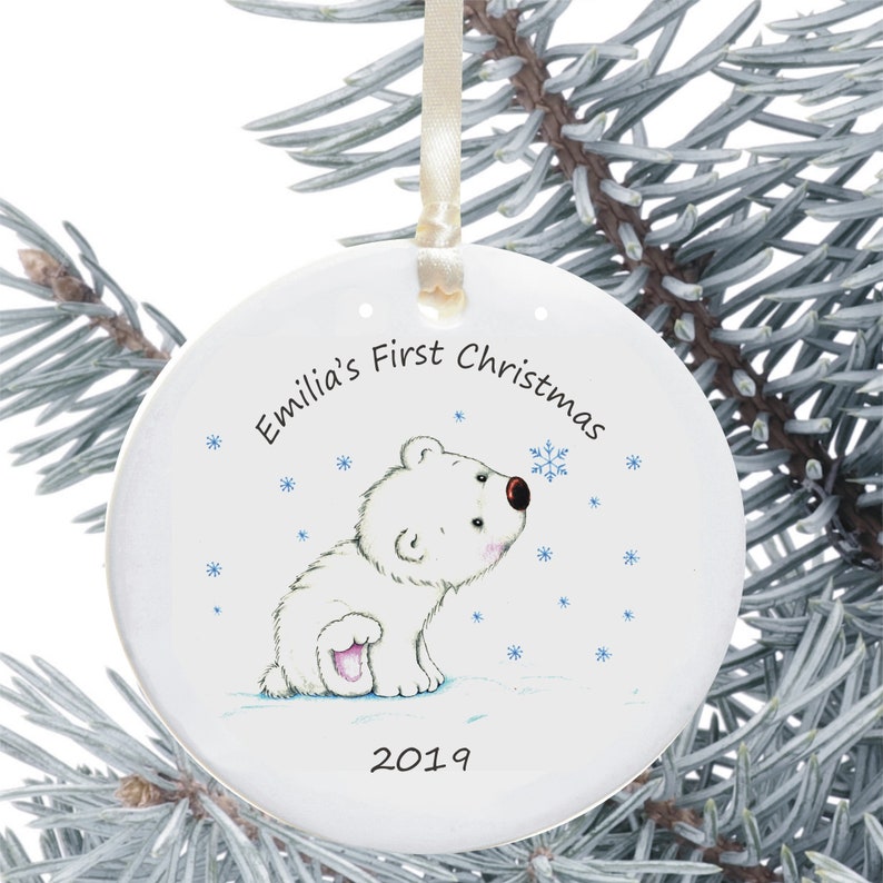 Baby's First Christmas Personalised Tree Bauble  - Polar Bear - New Baby - Personalized Ceramic Christmas Tree Decoration - Holiday Ornament 