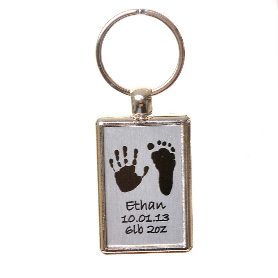 Brushed Silver Baby Hand and Foot Print Keyring Baby Keepsake Baby's
