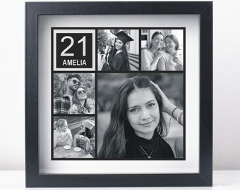 Collage de photos noir et blanc encadré personnalisé pour votre 21e anniversaire - Cadeau souvenir unique de 21e anniversaire pour un ami ou un membre de la famille