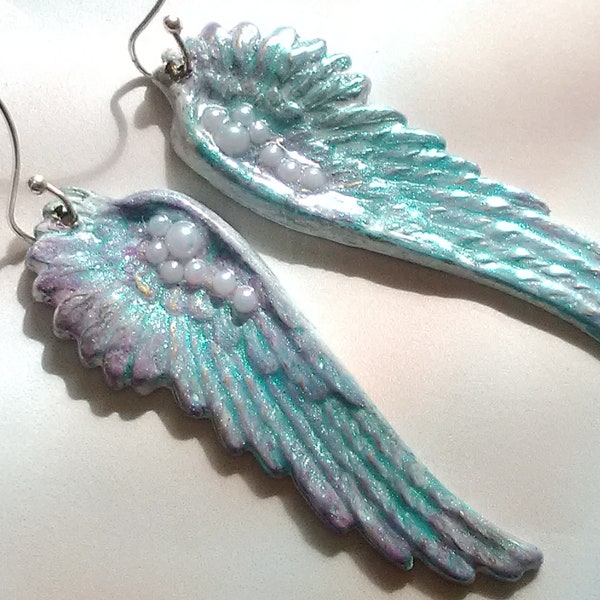 Painted Shimmering Wing Dangles in Shades of Pale Aqua and Lavender Adorned with  Faux Pearls for Wing Lovers Angel Lovers Nature Lovers, PM