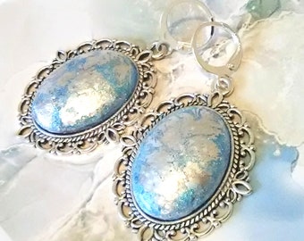 Pale Blue and Silver Oval Glass Paint and Foils Cabachon on Silver Tone Filigree Dangle Earrings,Boho and Hippie Dangles,Unique Gift for Her