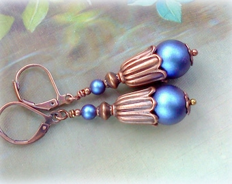 Iridescent Blue Swarovski Crystal Pearl Dangles with Copper Findings, Copper and Iridescent Blue Swarovski  Crystal Pearl Dangle Earrings