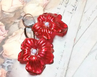 Red Siam Hand Painted Lily Vintage Style Floral Dangle Earrings, Vintage Inspired Flower Earrings