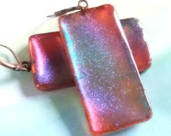 Teal Red Purple Color Shifting Chrome Powder and Resin Dangle Earrings,  Rainbow Reflective MultiColor Lightweight Boho and Hippie Dangles