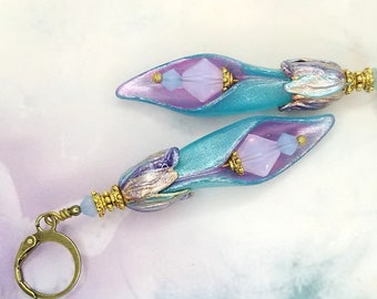 Aqua Blue Purple Hand Painted Lucite Calla Lily Dangle Earrings,Unique Painted Calla Lily Flower Beads in Aqua Blue and Purple, Gift for Her