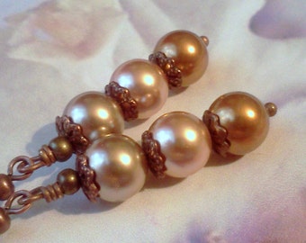 Swarovski Pearls, Swarovski Crystal Pearls, Copper Bronze Rose Gold Earrings, Pearls for Winter, Swarovski Earrings, Traditional Pearls