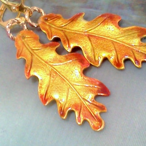 Rustic Golden Orange Leaf Earrings, Medium Oak Leaf Dangles, Oak Leaf, Autumn Jewelry, Autumn Colored Jewelry, Nature Lover&#39;s Leaf Earrings,