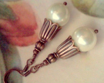 Large Shell Creamy Pearl Earrings with Coppery Vintage Style Bead Caps, Smooth and Creamy Shell Pearls Make a Great Gift For Her, Victorian