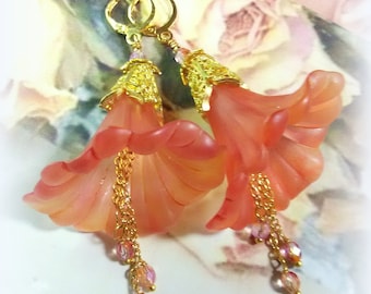 Very Large Hand Painted Morning Glory Flower Earrings in Soft Peach Mango,Art Nouveau Flower Dangles Melon Mango Peach Morning Glory Dangles