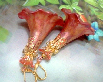 Peachy Pink Earrings, Hand Painted Flower Dangles, Large Morning Glory Earrings, Pink Dangles, Victorian Renaissance Jewelry, Boho, Vintage