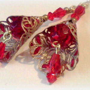 Ruby Red Hand Painted Filigree Vintage Style Handmade Floral Earrings with Dangling Red Beads, Lacy Filigree Painted Red Beaded Earrings