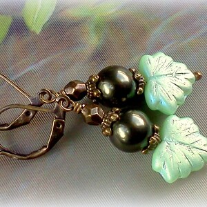 Mint Green Leaf Dangle Earrings, Swarovski Pearls, Boho Jewelry