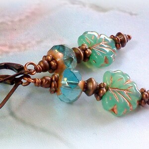 Aqua Shimmer Czech Glass Leaf Earrings: Iridescent Copper Dangles