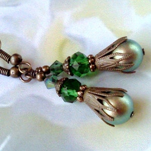 Genuine Swarovski Crystal Pearls in Green with Green Czech Glass Accent Beads Make Cute Dangle Earrings Perfect for Fall and Winter, Gift