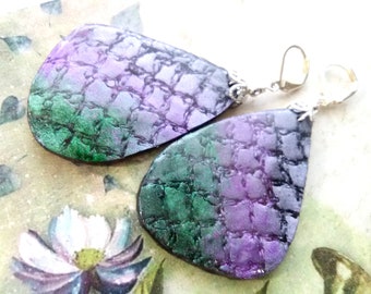 Green Lavender Blue Handmade  Hand Colored Polymer Clay Dangle Earrings, Large and Lovely Reptile Skin Pattern Painted Black Clay